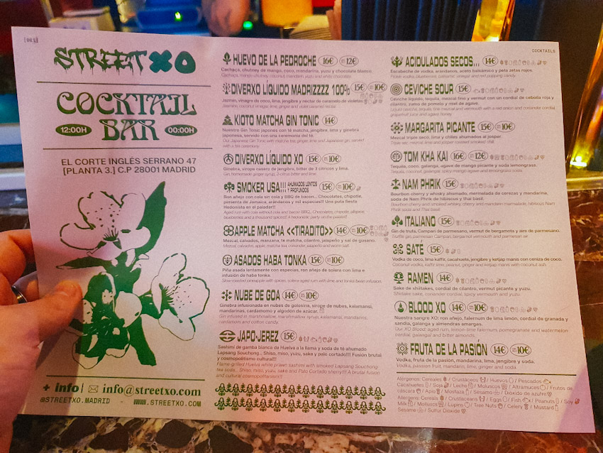 La carta de cocktails de StreetXO
